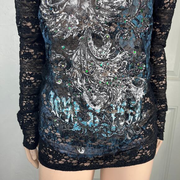 Vintage Y2K Angel & Diamonds Women's Shirt Large Floral Sheer Lace Wing Paint A9 - Picture 3 of 7